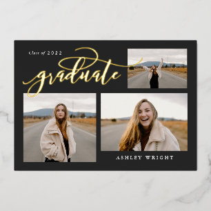 Invitación Con Relieve Metalizado Graduación con guión simple Collage de 3 fotos Fie
