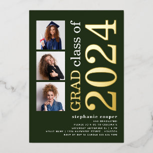 Invitación Con Relieve Metalizado Graduación de 3 fotos de Green Gold Real 2025