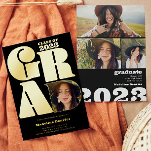 Invitación Con Relieve Metalizado Graduación de 4to año en negro y letras doradas gr