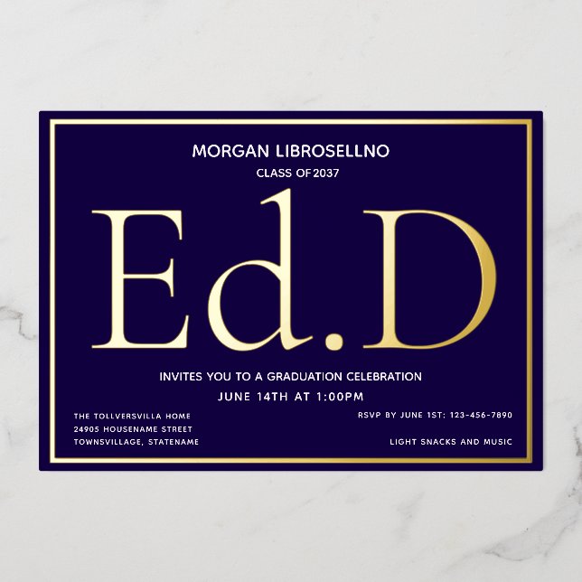 Invitación Con Relieve Metalizado Graduación de Blue Gold Ed.D (Anverso)