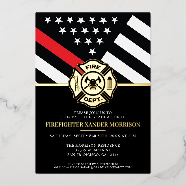 Invitación Con Relieve Metalizado Graduación de bombero con bandera roja de la línea (Anverso)