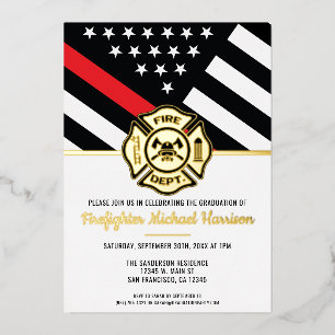 Invitación Con Relieve Metalizado Graduación de Bomberos Bandera de la Línea Roja Bo