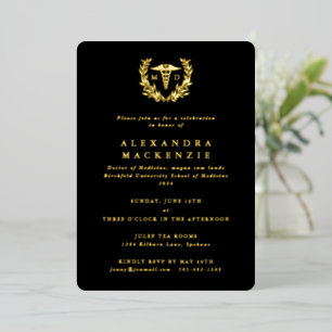 Invitación Con Relieve Metalizado Graduación de Caduceo MD + Corona de Laurel