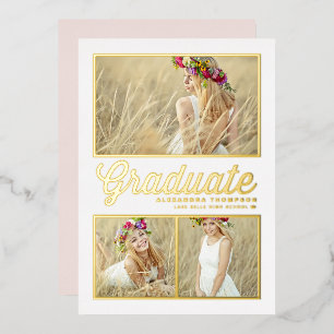 Invitación Con Relieve Metalizado Graduación de Collage de fotos de caligrafía retro