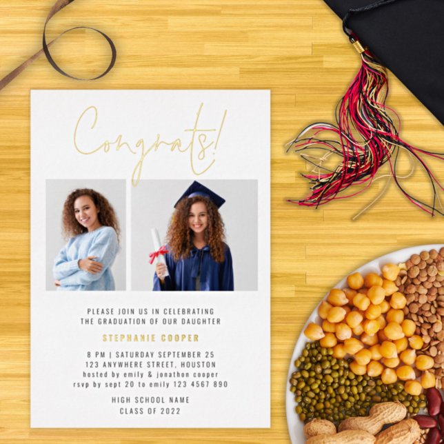Invitación Con Relieve Metalizado Graduación de Congrats Modernos 2024 2 Fotos Gold  (Subido por el creador)