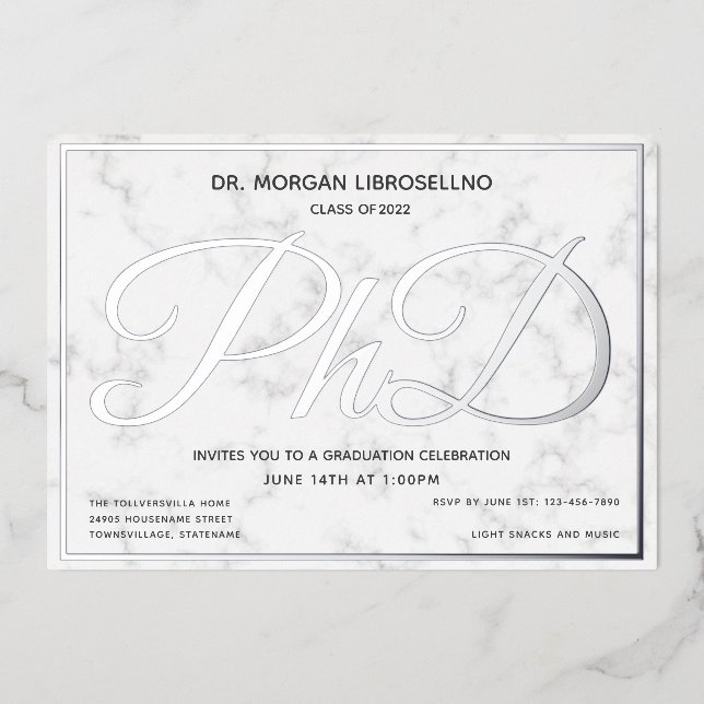 Invitación Con Relieve Metalizado Graduación de doctorado blanco de plata de mármol (Anverso)
