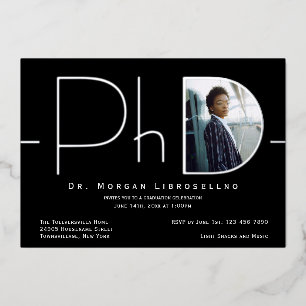 Invitación Con Relieve Metalizado Graduación de Doctorado con Foto Moderna en Plata