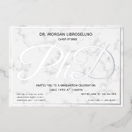 Invitación Con Relieve Metalizado Graduación de Doctorado Mármol Plateado Blanco