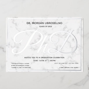 Invitación Con Relieve Metalizado Graduación de Doctorado Mármol Plateado Blanco