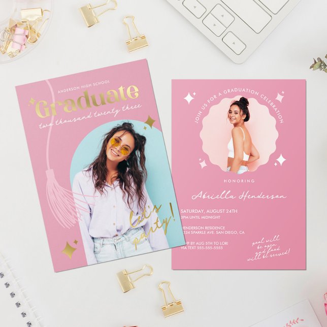Invitación Con Relieve Metalizado Graduación de espuma rosa moderna y retro (Subido por el creador)