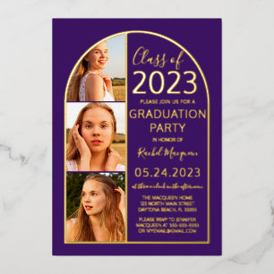 Invitación Con Relieve Metalizado Graduación de Foto Arco Morado con Hoja de Oro Min