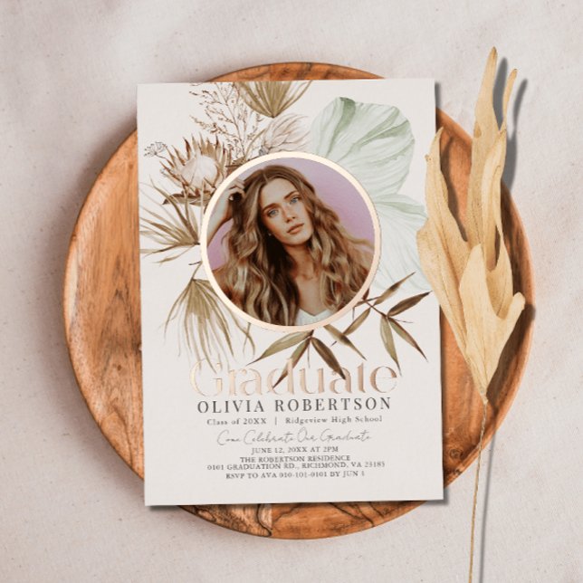Invitación Con Relieve Metalizado Graduación de Foto Boho Botanical Reviera Earthy (Subido por el creador)