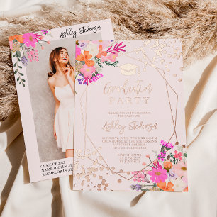 Invitación Con Relieve Metalizado Graduación de foto con flores de acuarela y brillo