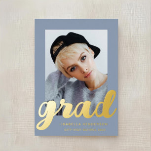 Invitación Con Relieve Metalizado Graduación de Foto Moderna Azul Polvo Oro