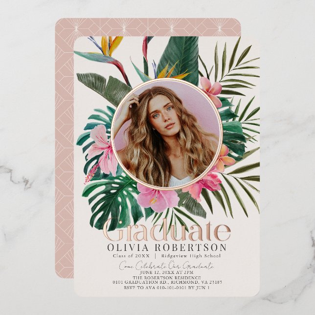 Invitación Con Relieve Metalizado Graduación de Foto Tropical Floral y Botánica (Anverso/Reverso)