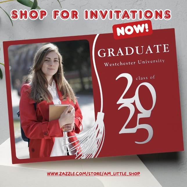 Invitación Con Relieve Metalizado Graduación de fotos de grado rojo moderno 2025 (Subido por el creador)