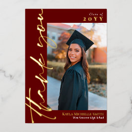 Invitación Con Relieve Metalizado Graduación de fotos de Marsala Gold Script Gracias