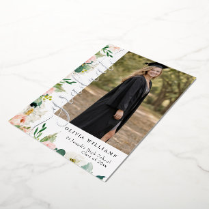 Invitación Con Relieve Metalizado Graduación de Fotos Florales Rosa Plateado Graduad