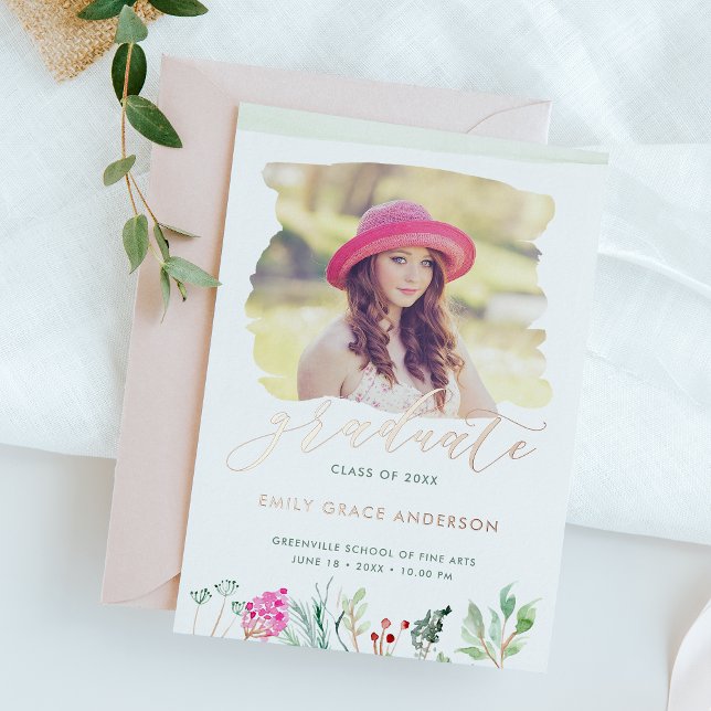 Invitación Con Relieve Metalizado Graduación de imágenes de acuarela Floral Gold (Subido por el creador)