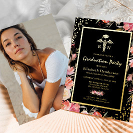 Invitación Con Relieve Metalizado Graduación de la Escuela de Enfermería Floral Gold