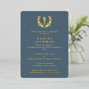Invitación Con Relieve Metalizado Graduación de la Escuela de Medicina Asclepio Azul