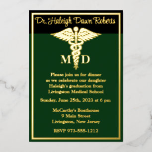 Invitación Con Relieve Metalizado Graduación de la Facultad de Medicina Caduceo Verd