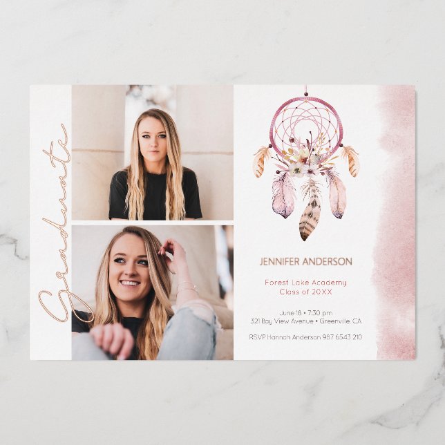 Invitación Con Relieve Metalizado Graduación de la foto del guión del Rosa Boho Drea (Anverso)