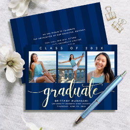 Invitación Con Relieve Metalizado Graduación de la Marina 3 foto moderno guión oro r