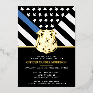 Invitación Con Relieve Metalizado Graduación de la policía con pabellón azul