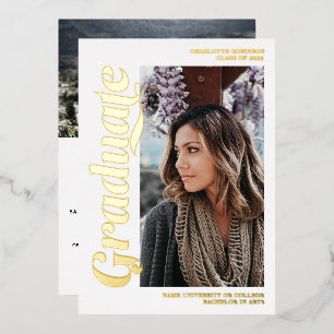 Invitación Con Relieve Metalizado Graduación de oro y blanco guion 3 fotos graduació