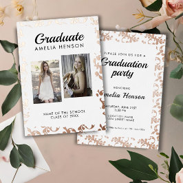 Invitación Con Relieve Metalizado Graduación de patrón rococó 2 Collage de fotos Gra