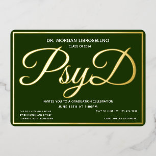 Invitación Con Relieve Metalizado Graduación de PsyD en Verde y Oro