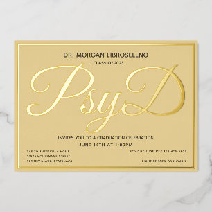 Invitación Con Relieve Metalizado Graduación de Tan Gold PsyD