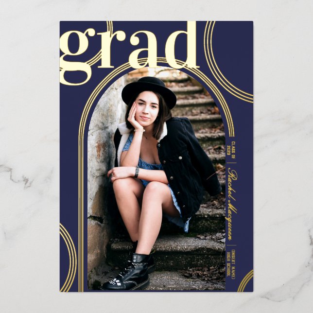 Invitación Con Relieve Metalizado Graduación del arco geométrico del círculo azul de (Anverso)