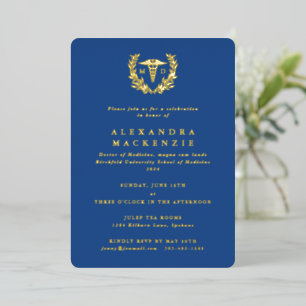 Invitación Con Relieve Metalizado Graduación del Caducto Azul MD + Laurel Wreath