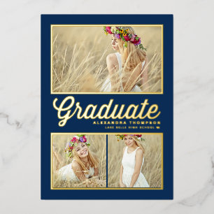 Invitación Con Relieve Metalizado Graduación del Collage de fotos de guión azul de l