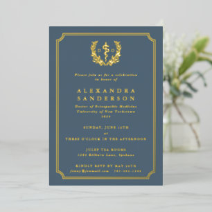 Invitación Con Relieve Metalizado Graduación del Doctor Azul en Medicina Osteopática