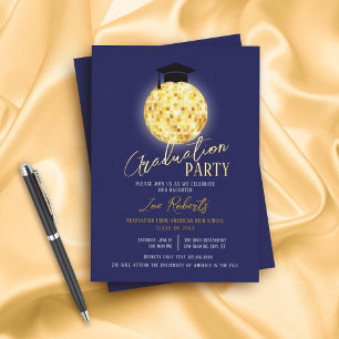 Invitación Con Relieve Metalizado Graduación Disco Ball y Cap
