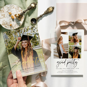 Invitación Con Relieve Metalizado Graduación Dorada Moderna Casual Tendencia Foto