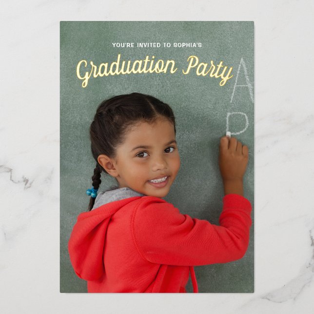 Invitación Con Relieve Metalizado Graduación en guardería Foto Niños Oro (Anverso)