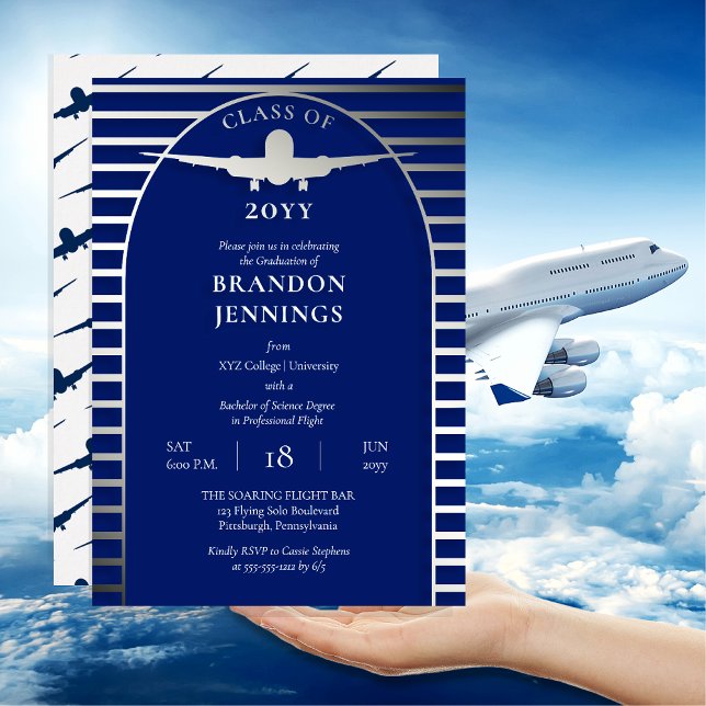 Invitación Con Relieve Metalizado Graduación en la Escuela Superior de Vuelo de Aero (Airline Pilot Flight School College Graduation Announcement Invitation - Blue, White and Silver Foil)