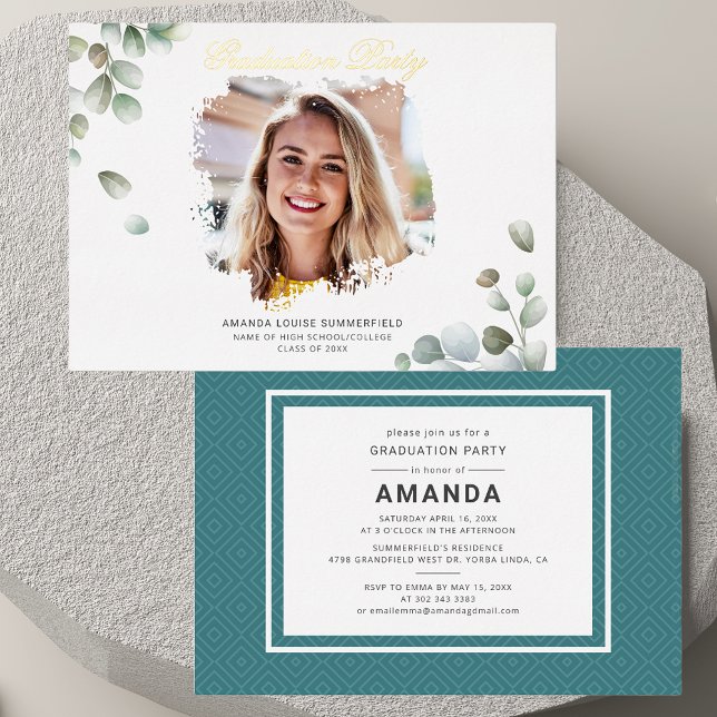 Invitación Con Relieve Metalizado Graduación Eucalyptus Greenery Succulent Grad 2025 (Graduation Eucalyptus Greenery Succulent Grad 2025 Foil Invitation)