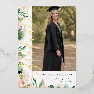 Invitación Con Relieve Metalizado Graduación Floral Rosa Oro Foto Graduada
