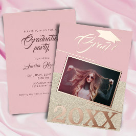 Invitación Con Relieve Metalizado Graduación Foto de Graduado Rosa Polvorienta Rústi