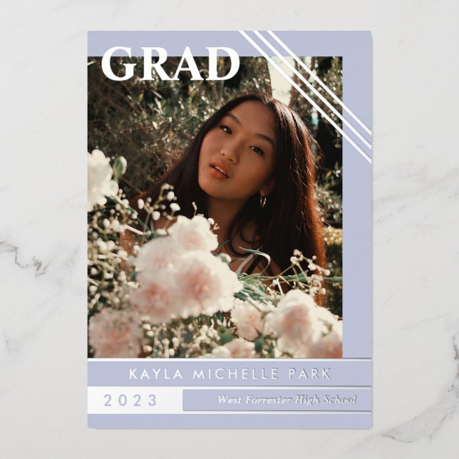 Invitación Con Relieve Metalizado Graduación fotográfica de líneas plateadas y pálid (Anverso)