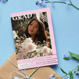 Invitación Con Relieve Metalizado Graduación fotográfica de líneas rosa pálido y pla