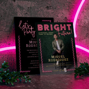 Invitación Con Relieve Metalizado Graduación fotográfica de neón rosa brillante para