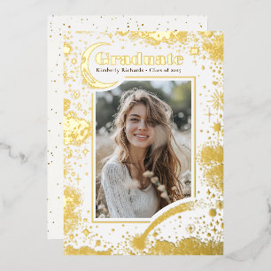 Invitación Con Relieve Metalizado Graduación Luna Celestial y Estrellas Foto Graduac