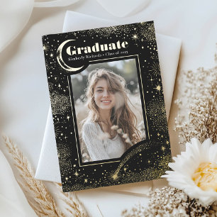 Invitación Con Relieve Metalizado Graduación Luna Celestial y Estrellas Foto Graduac