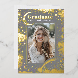 Invitación Con Relieve Metalizado Graduación Luna Celestial y Estrellas Foto Graduac
